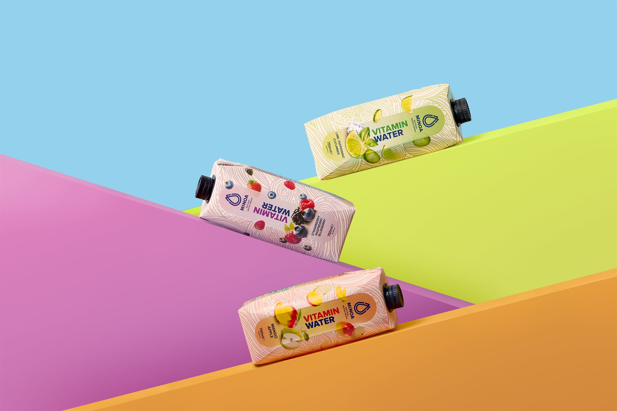 Minoa Water full product range on colourful blocks