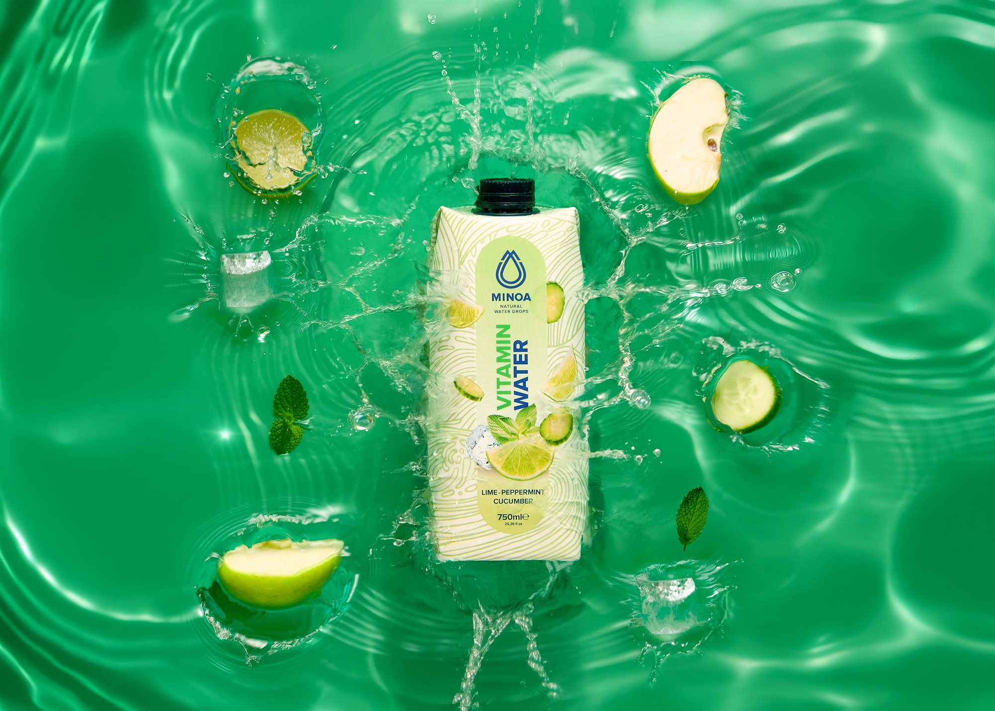 Minoa Lime Peppermint Cucumber vitamin water with splash and cucumber styling