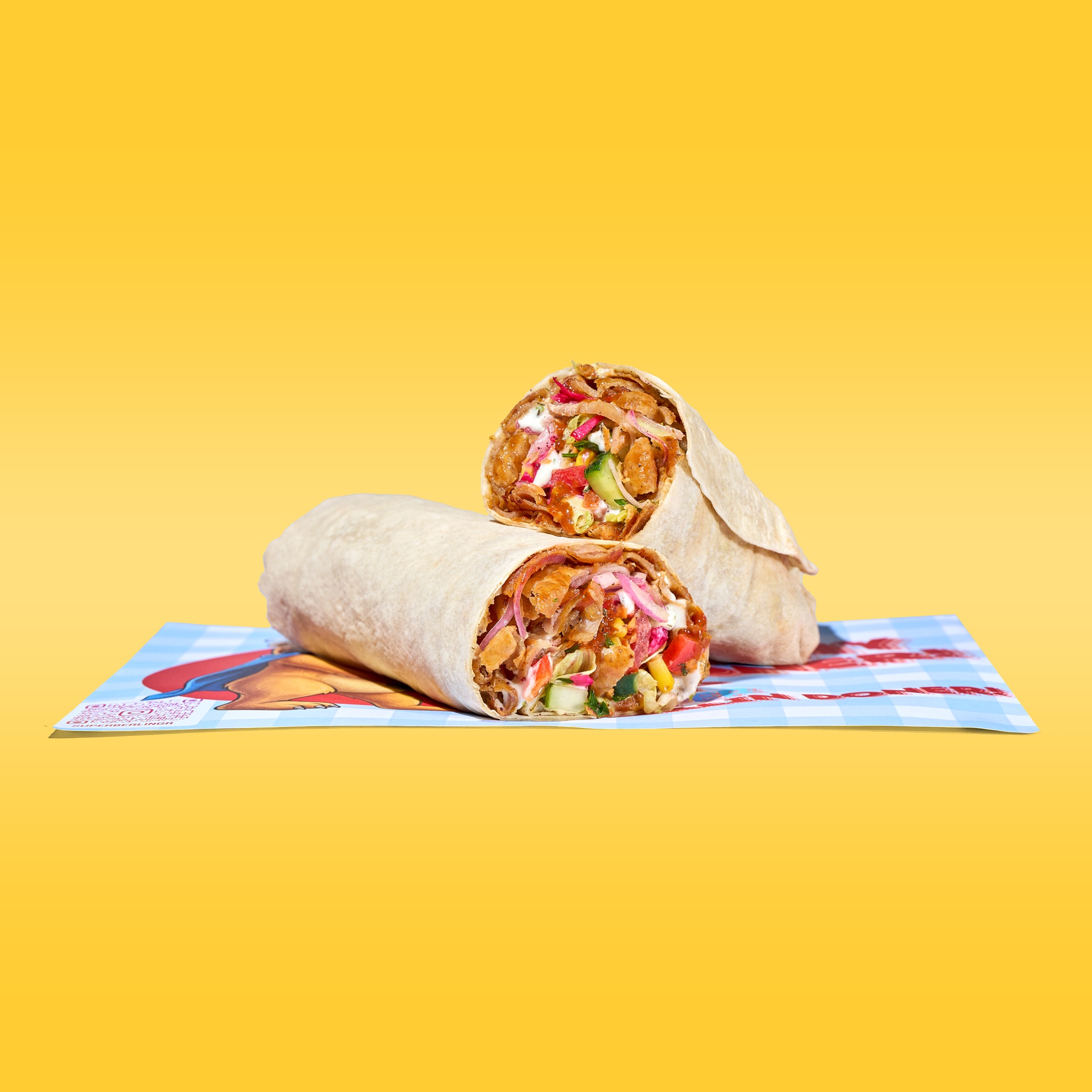 Super Berlin Doner wrap product hero on yellow background