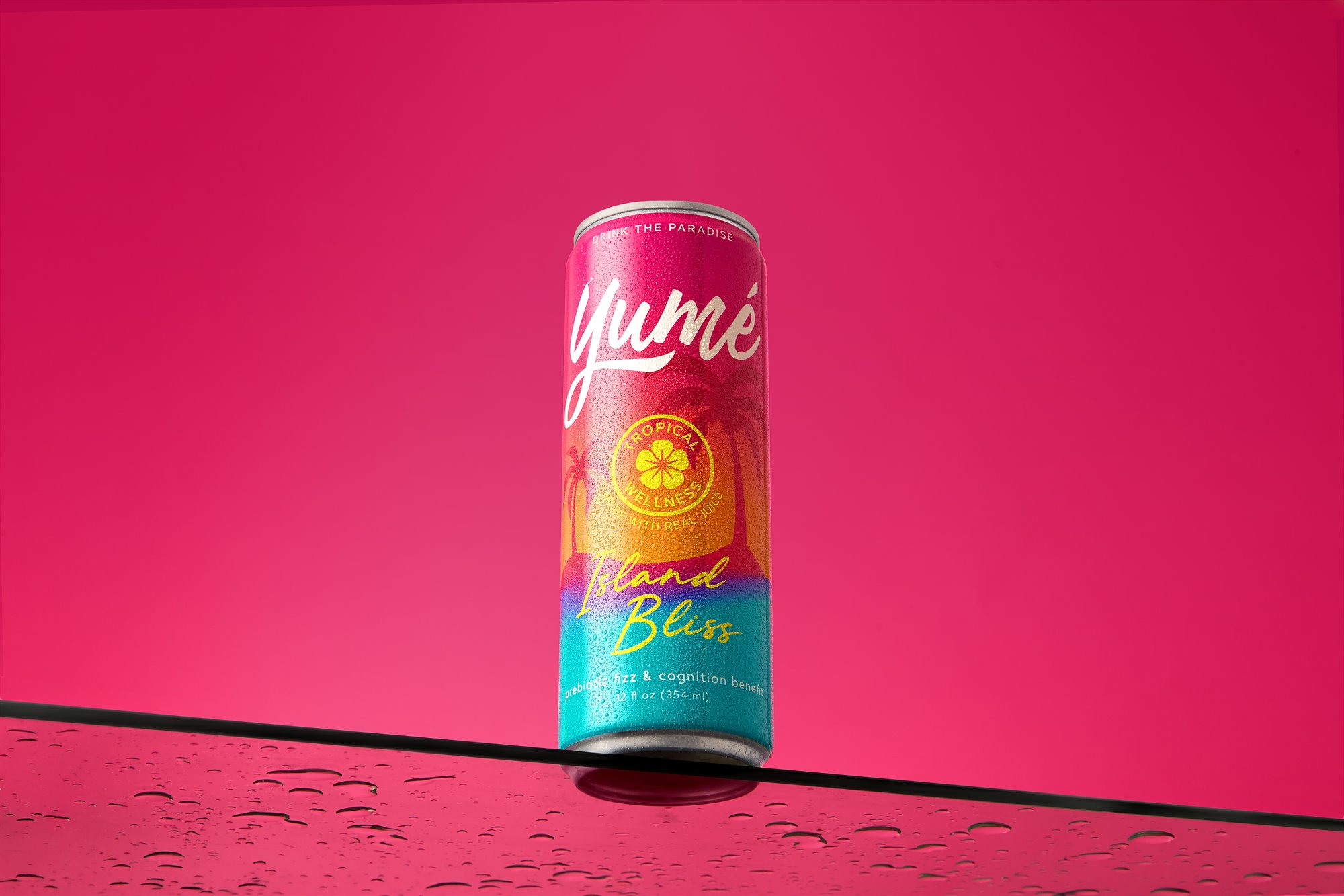 Yume Island Bliss can product hero with tropical colour styling